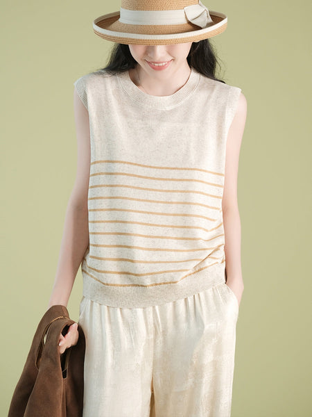 Women Summer Casual Stripe Knitted O-Neck Linen Vest CX004 BUYKUD