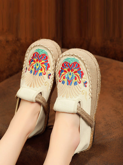 Women Summer Ethnic Embroidery Cloth Linen Flat Shoes AH1011 TACH