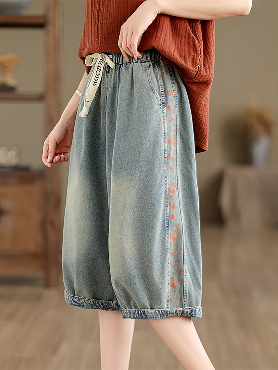 Women Summer Spliced Washed Denim Knee Length Pants OP1039 BUYKUD