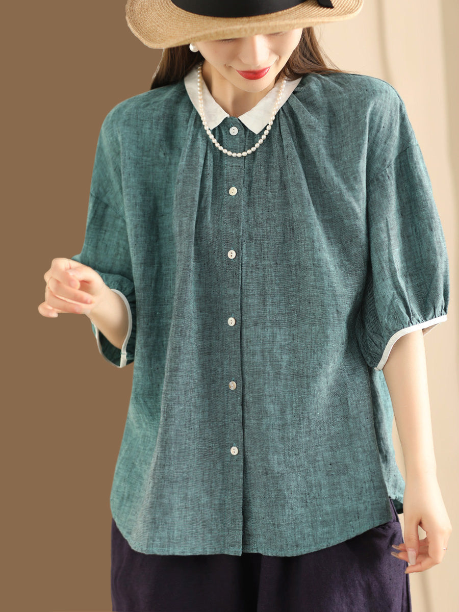 Women Summer Artsy Colorblock Button-up Linen Shirt XX1009 Ada Fashion