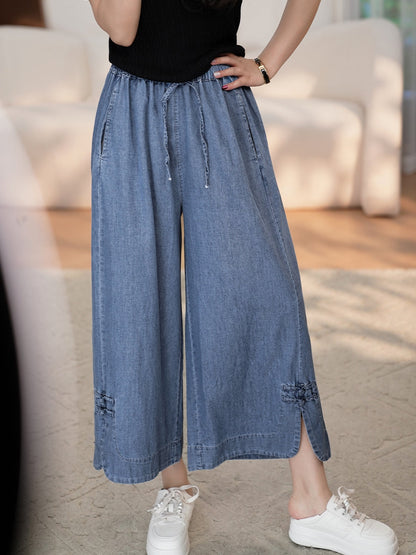 Women Summer Vintage Buckle Wide-leg Denim Pants CX031 DYL