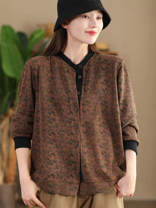 Women Vintage Flower Colorblock Button Cotton Coat AT1027 ZMMM