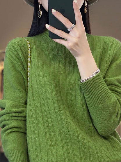 Women Autumn Solid Cable Knit 100%Wool Half Turtleneck Sweater QN027 BK