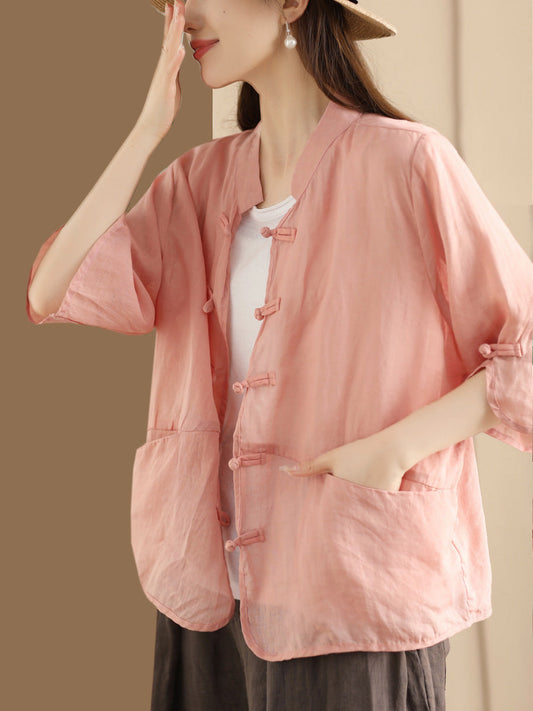 Women Summer Ethnic Solid Button-up Ramie Shirt QW1046 Ada Fashion