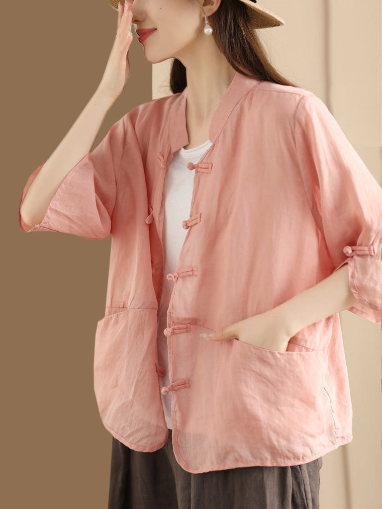 Women Summer Ethnic Solid Button-up Ramie Shirt QW1046 Ada Fashion