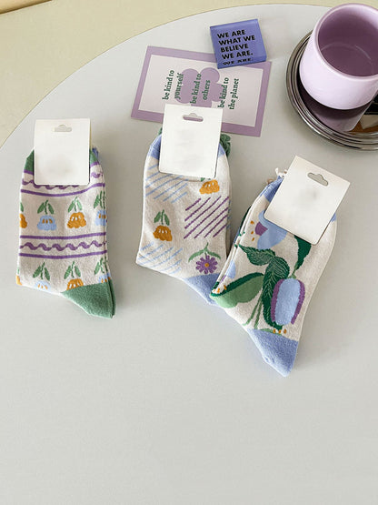 5 Pairs Women Artsy Flower Cotton Socks IO1012 Ada Fashion
