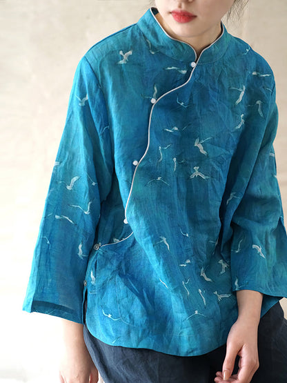 Women Ethnic Crane Spring Linen Shirt QW1004 Ada Fashion