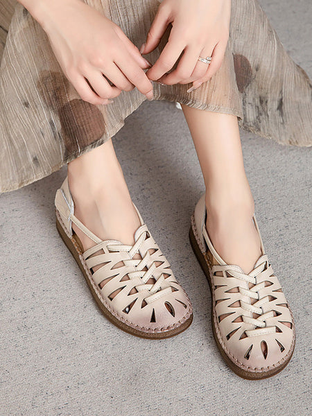 Leather Sandals Heel Low Women Weave Summer FashionChic