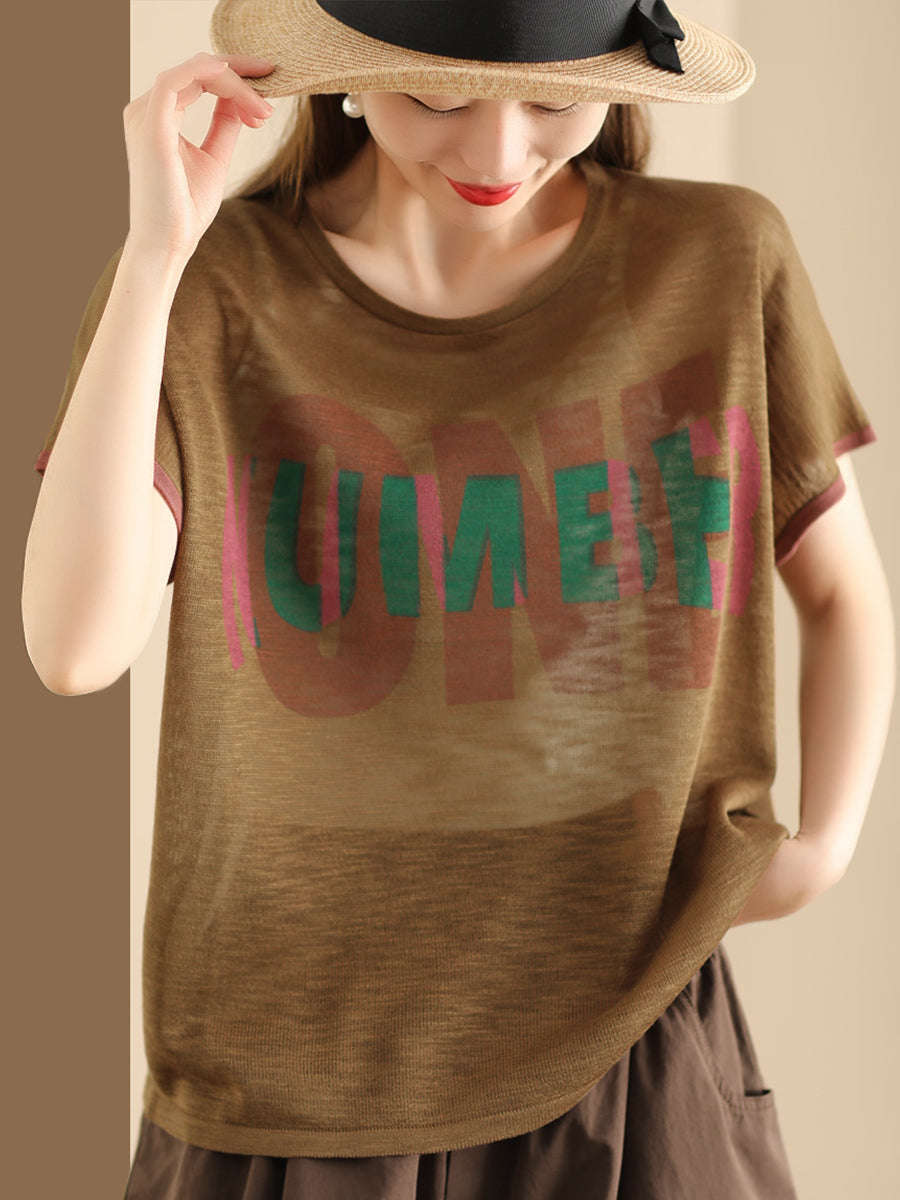 Women Summer Letter Printing Knitted Loose Shirt OP1049 BUYKUD