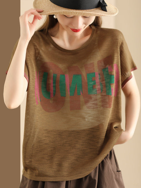 Women Summer Letter Printing Knitted Loose Shirt OP1049 BUYKUD