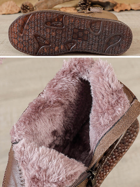 Women Vintage Genuine Leather Flower Flat Ankle Boots QN013 BC