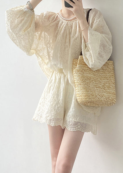 Spring Embroidered And Shorts Set Tops Two Piece Beige Art Cotton FashionChic