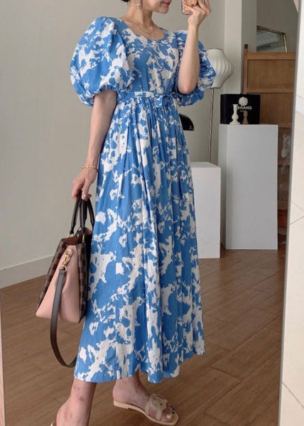 Blue Tie Waist Cotton Long Dresses Square Collar Puff Sleeve QP007 OL-SDL241001