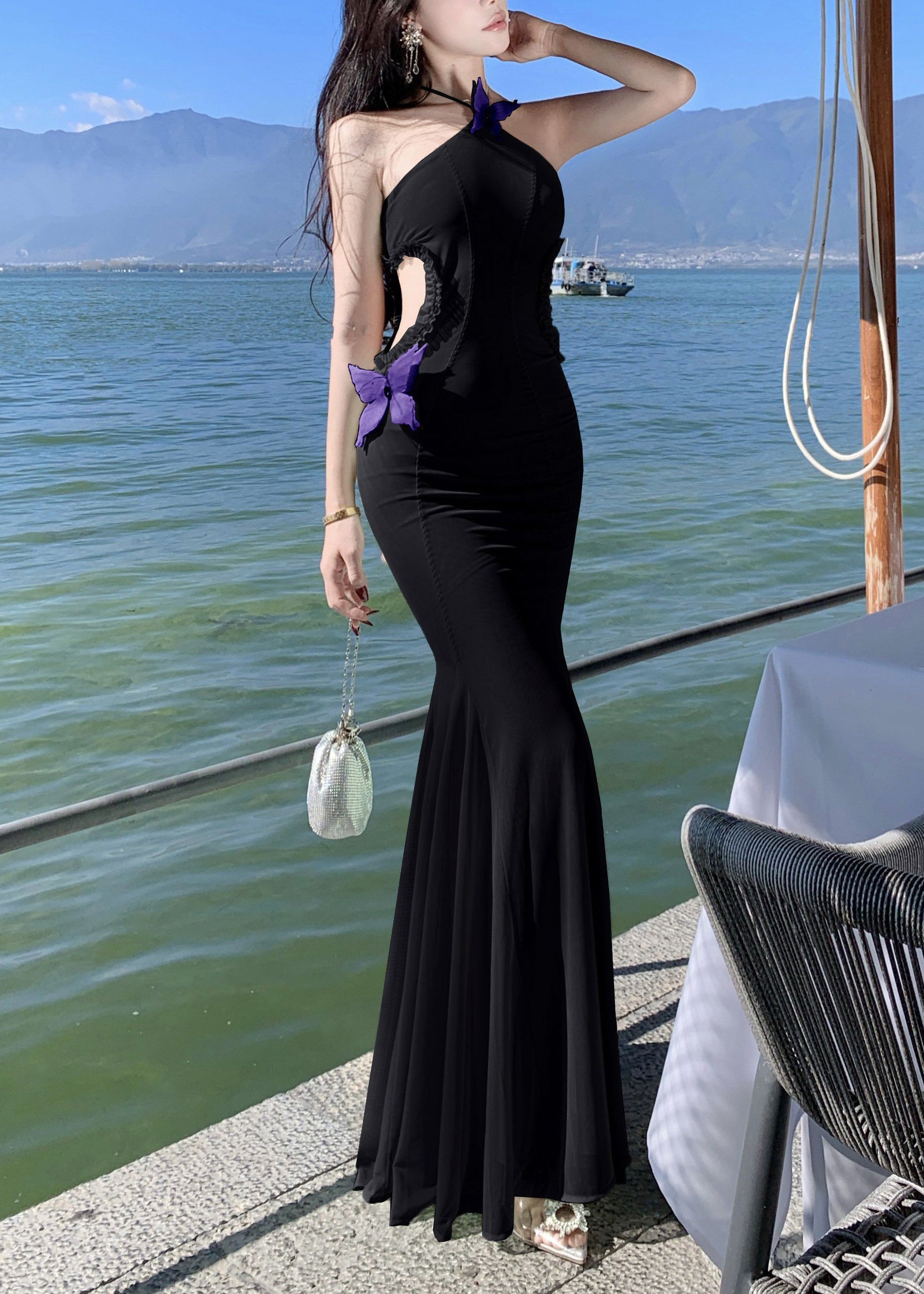 Dresses Long Sleeveless Ruffled Out Tulle Hollow Butterfly Black FashionChic