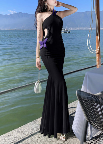 Dresses Long Sleeveless Ruffled Out Tulle Hollow Butterfly Black FashionChic