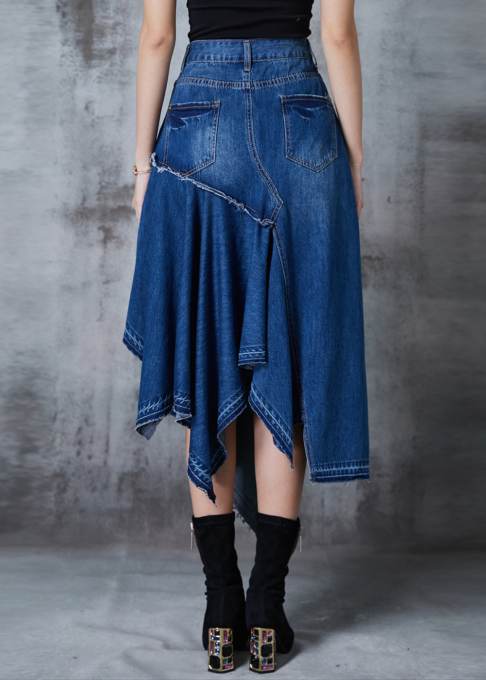 Modern Blue Asymmetrical Exra Large Hem Denim Skirt Summer PZGY-SKTS240826