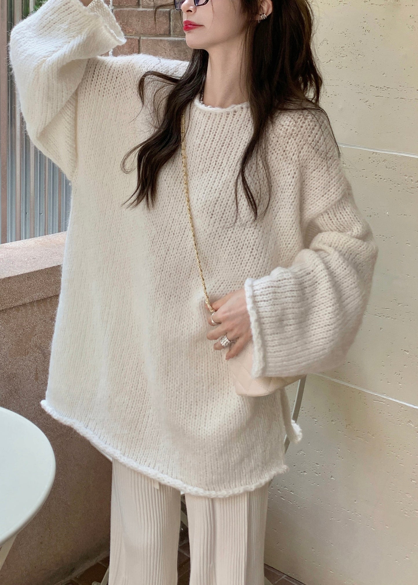 Cute Beige O-Neck Thick Cotton Knit Waistcoat Sweaters And Trousers Three Piece Set Winter WV003 ABC