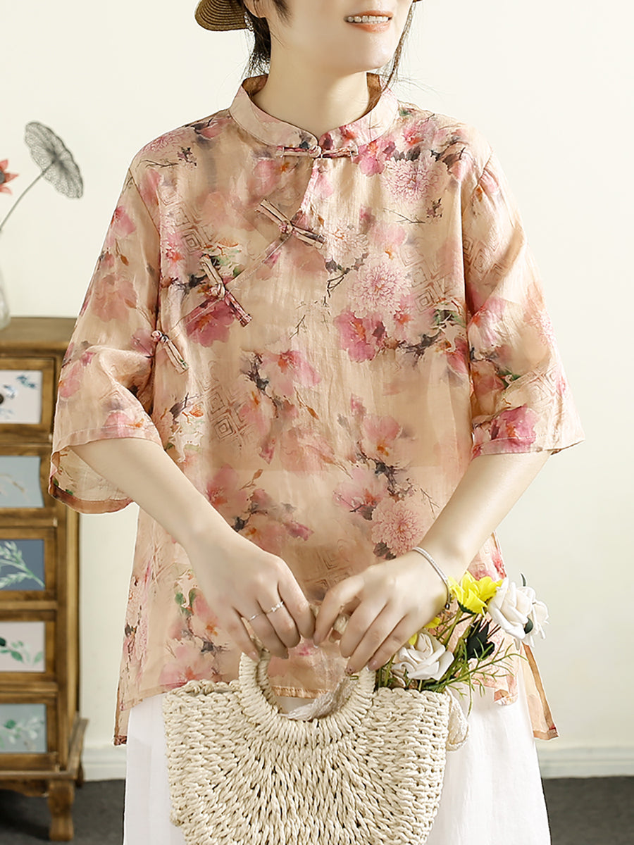 Women Summer Vintage Floral Buckle Ramie Shirt OO1043 XJYF