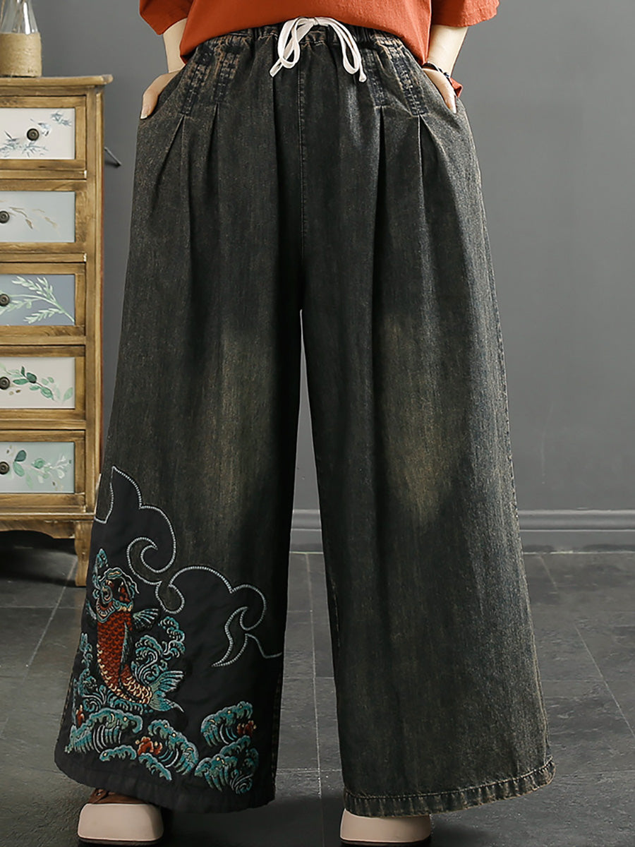 Women Summer Vintage Koi Embroidery Wide-leg Denim Pants CO1049 Ada Fashion