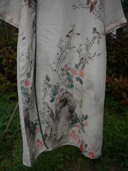 Women Ethnic Summer Flower Print Ramie Robe Dress XX1019 Ada Fashion