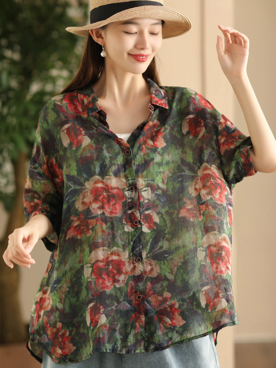 Women Summer Vintage Flower Patch Spliced Ramie Shirt FD039 BUYKUD