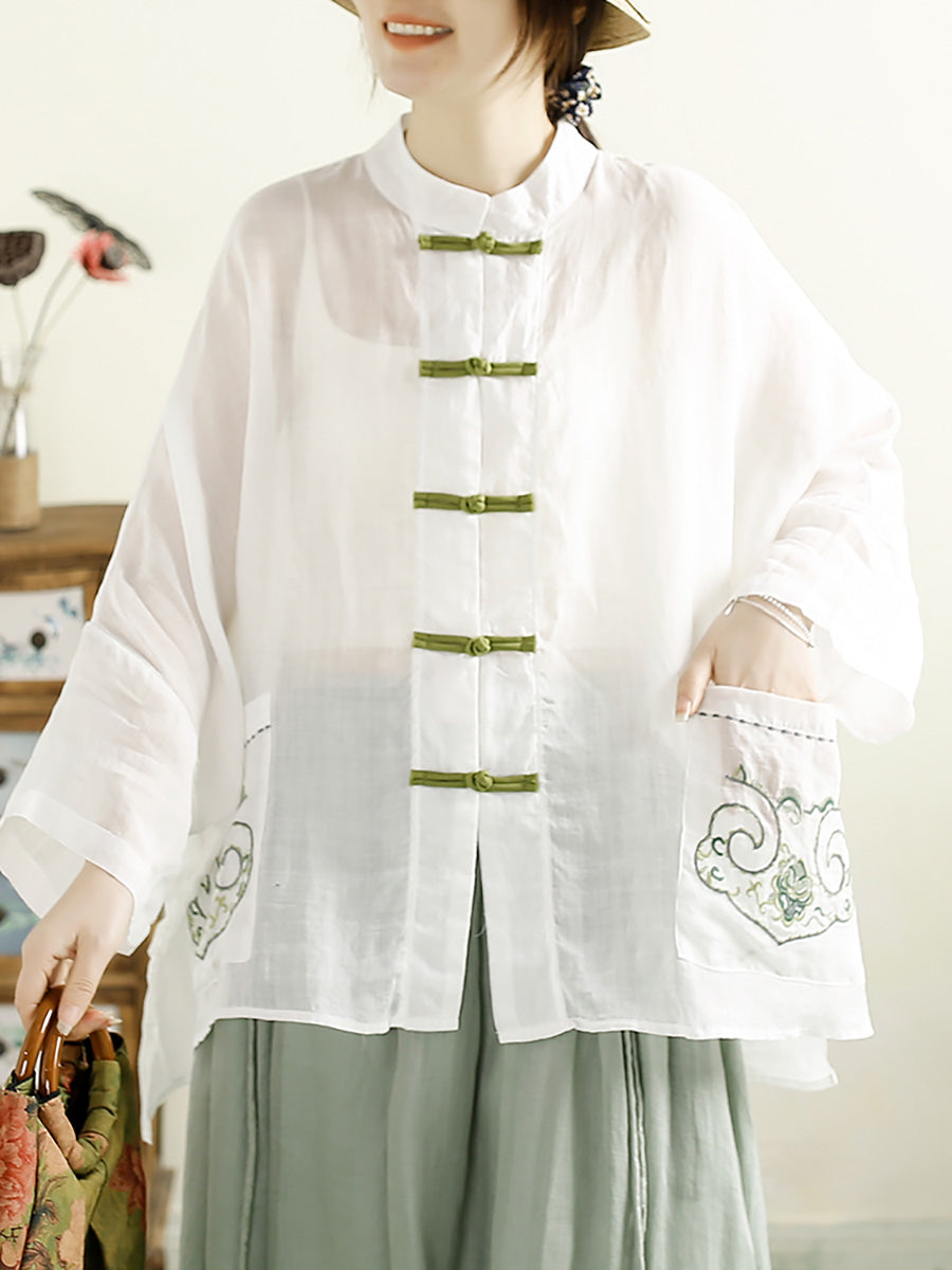 Women Summer Vintage Embroidery Ramie Shirt QW1045 Ada Fashion