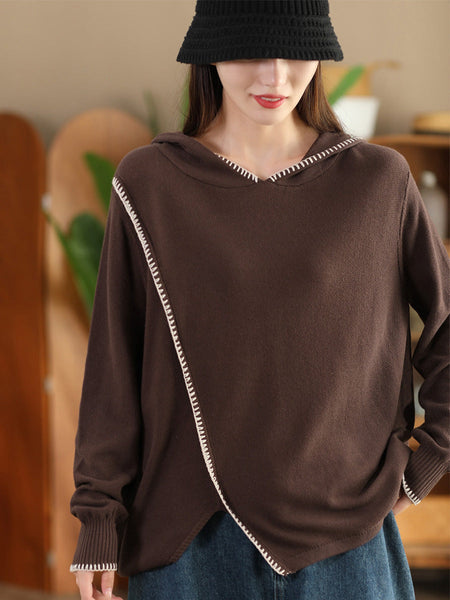 Women Autumn Casual Split Hem Knit Hooded Blouse AI1066 ZMMM