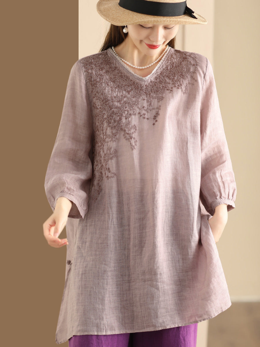 Women Summer Artsy Embroidery Ramie Long Shirt AS1022 Ada Fashion