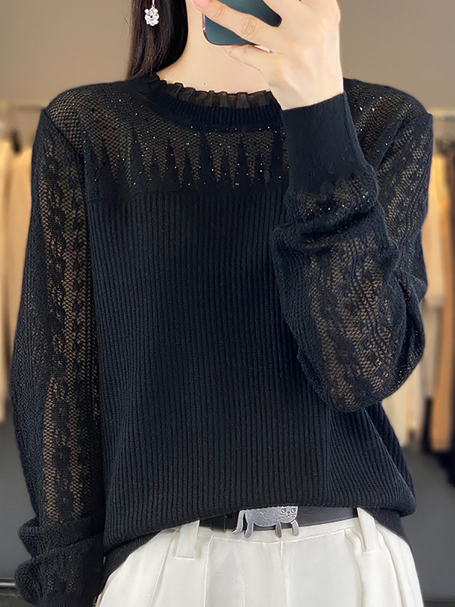 Women Autumn Solid Lace Knit Sweater QM030 BK