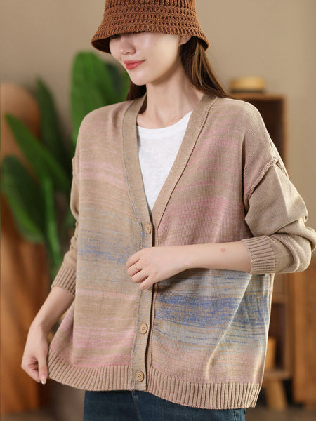 Women Autumn Artsy Colorful Knit V-Neck Cardigan Sweater AI1077 BUYKUD
