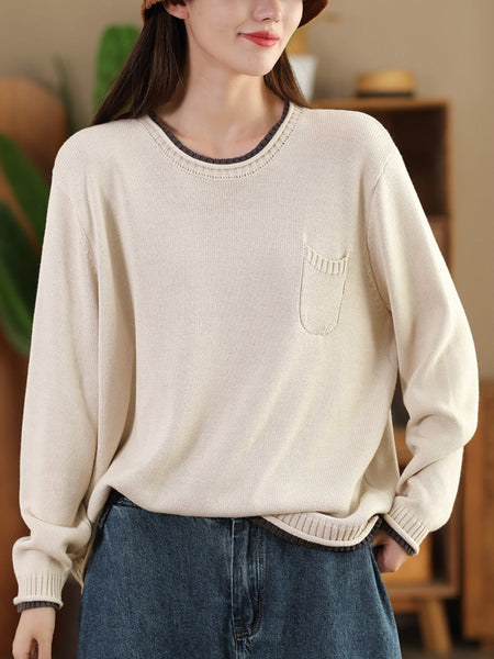 Women Autumn Casual Colorblock O-Neck Cotton Knit Blouse AI1068 BK