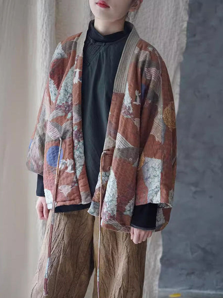 Women Ethnic Autumn Print Strap Cotton Padded Coat WG020 BK