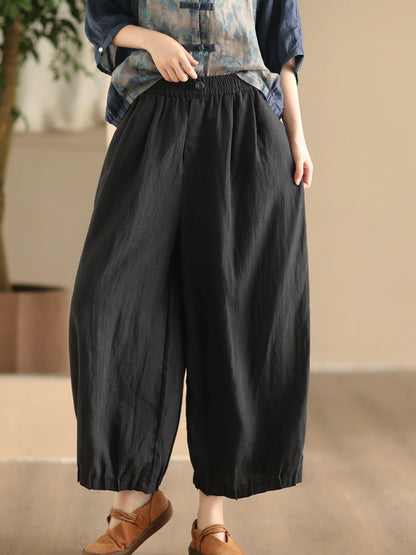 Women Summer Vintage Solid Linen Wide-leg Pants FD038 ZMMM