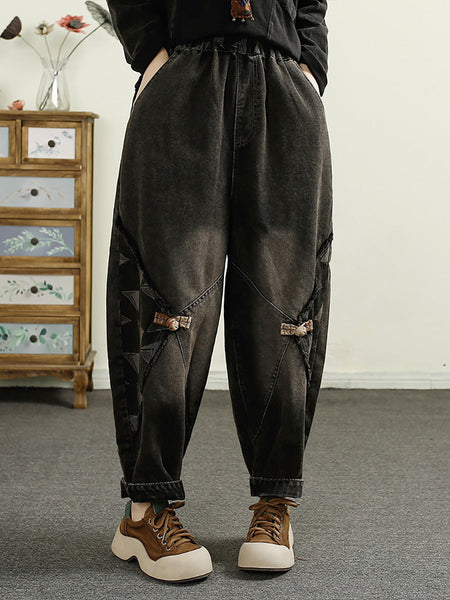 Women Autumn Patch Spliced Washed Denim Harem Pants AI1052 BUYKUD