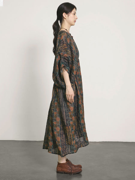 Plus Size Women Summer Artsy Print V-Neck Ramie Dress LL054 BUYKUD