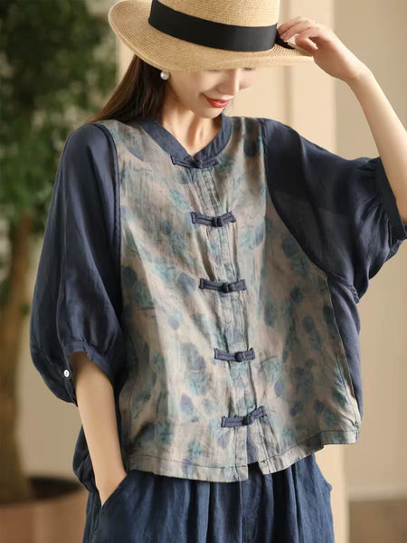 Women Summer Vintage Flower Spliced Button-up Ramie Shirt FD042 ZMMM