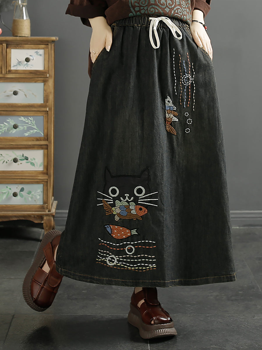 Women Summer Casual Cat Fish Embroidery Denim Skirt KL1008 Ada Fashion