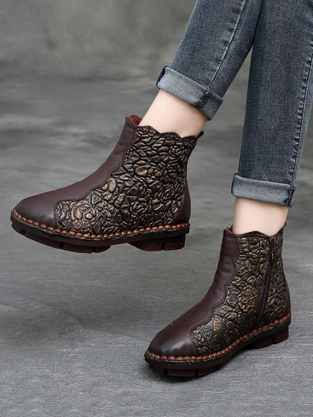 Women Retro Flower Leather Spliced Zipper Low Heel Boots AT1067 RXMY
