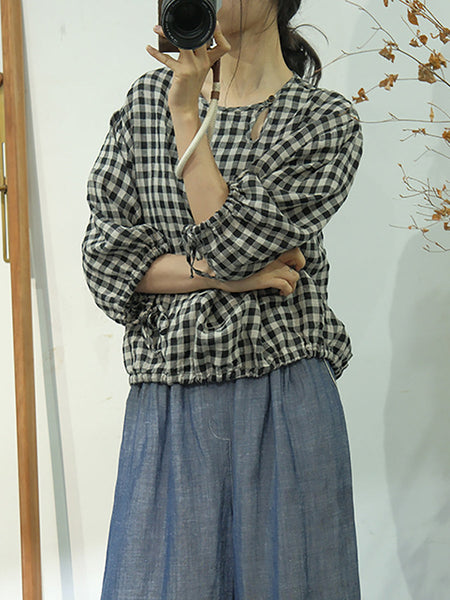Women Summer Casual Plaid Linen Strap Shirt AS1064 Ada Fashion