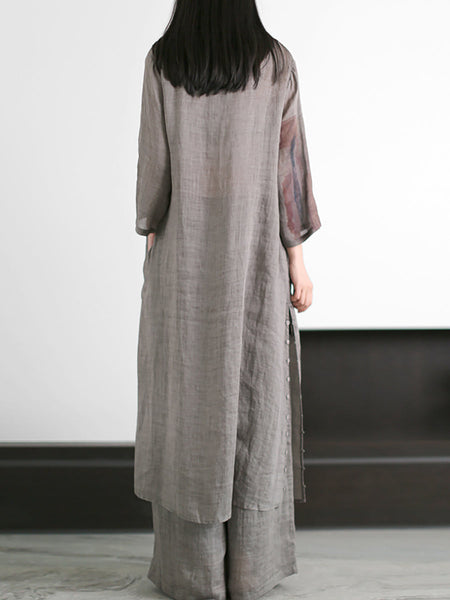 Plus Size Women Vintage Print 100%Ramie Long Shirt+Pants ZZ1056 Ada Fashion