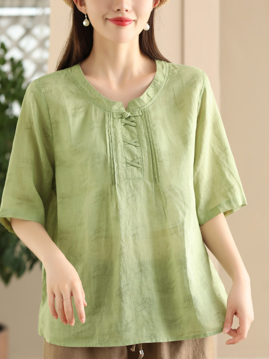 Women Summer Artsy Flower Stand Collar Ramie Shirt LL040 BUYKUD
