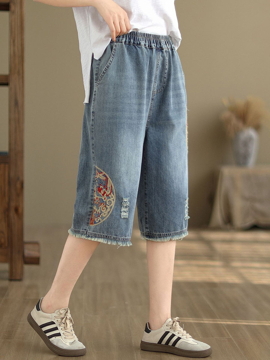 Women Summer Embroidery Knee-Length Denim Pants IO1023 Ada Fashion