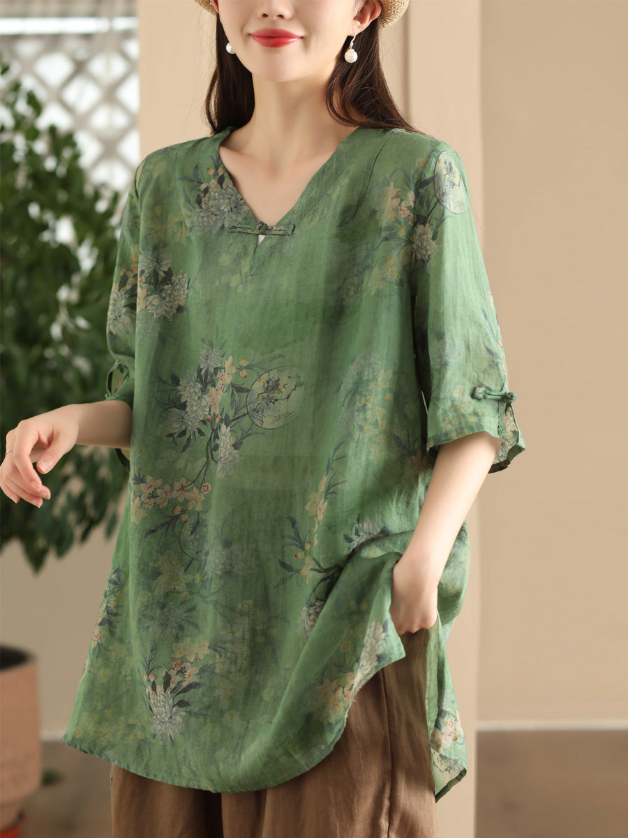 Women Summer Vintage Flower Buckle Ramie Long Shirt LL039 BUYKUD