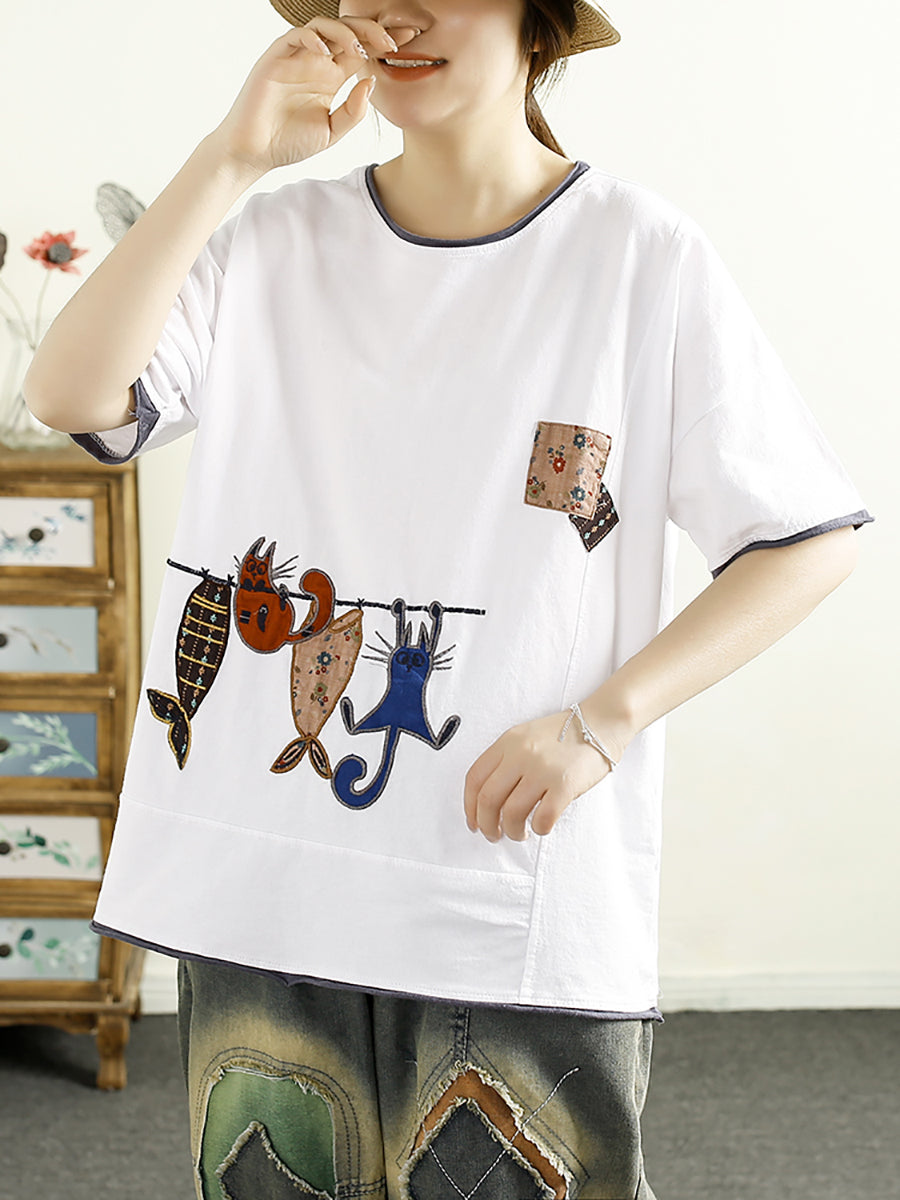 Women Summer Casual Cat Fish Spliced Cotton Shirt CV1038 Ada Fashion