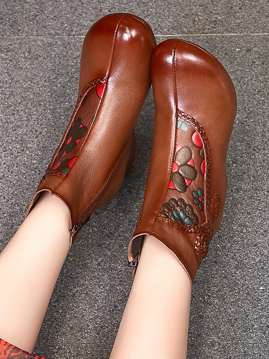 Women Ethnic Winter Flower Spliced Leather Mid-Heel Boots AI1013 MXXZ