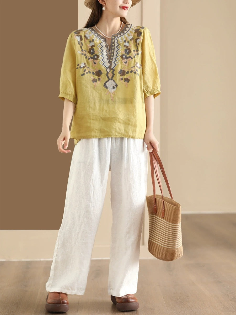 Women Summer Ethnic Flower Embroidery Ramie Shirt TY1006 Ada Fashion