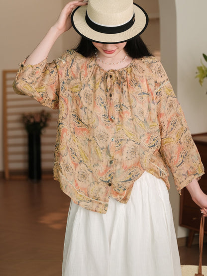 Women Summer Vintage Flower Button-Up Ramie Shirt RR1013 BUYKUD