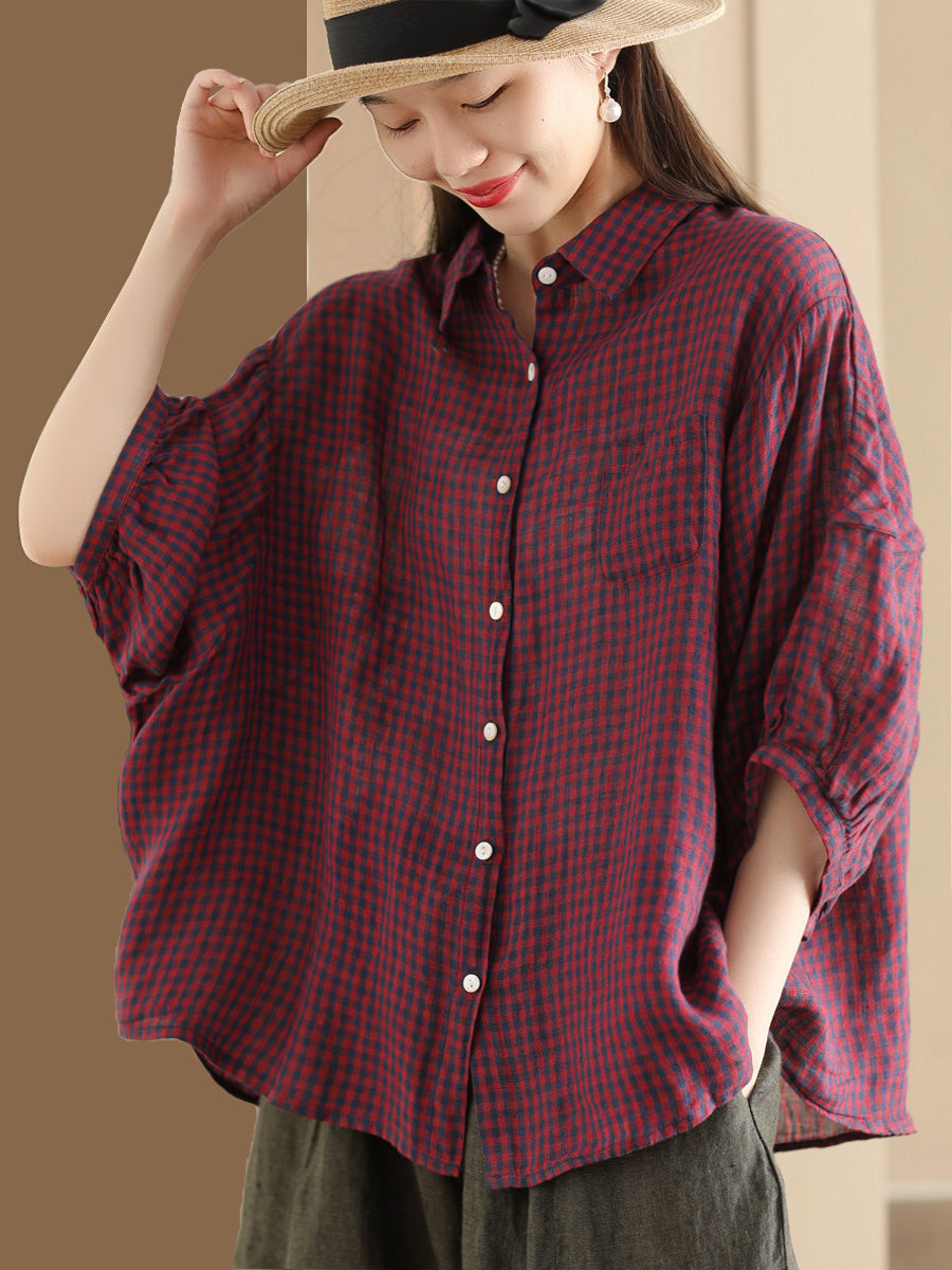 Women Summer Vintage Plaid Button-Up Linen Shirt PP1034 BUYKUD