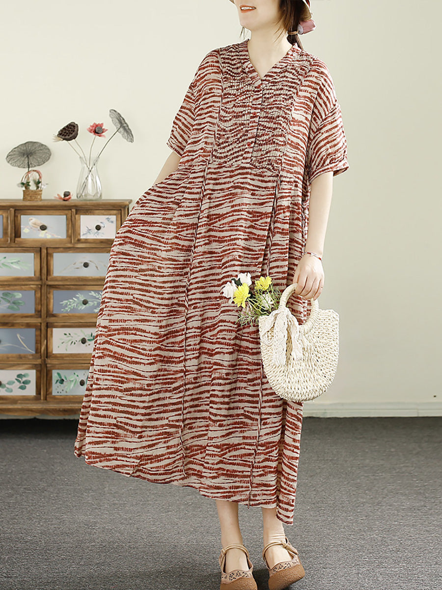 Women Summer Vintage Shirred V-Neck Ramie Loose Dress LL037 BUYKUD