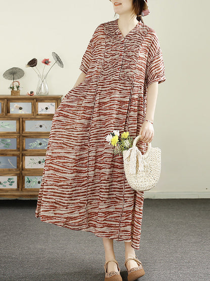 Women Summer Vintage Shirred V-Neck Ramie Loose Dress LL037 BUYKUD